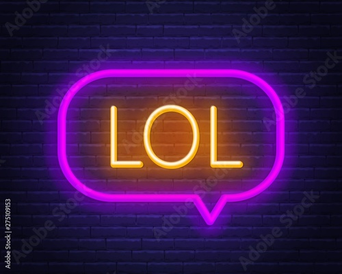 Neon sign lol in frame on dark background. Light banner on the wall background.