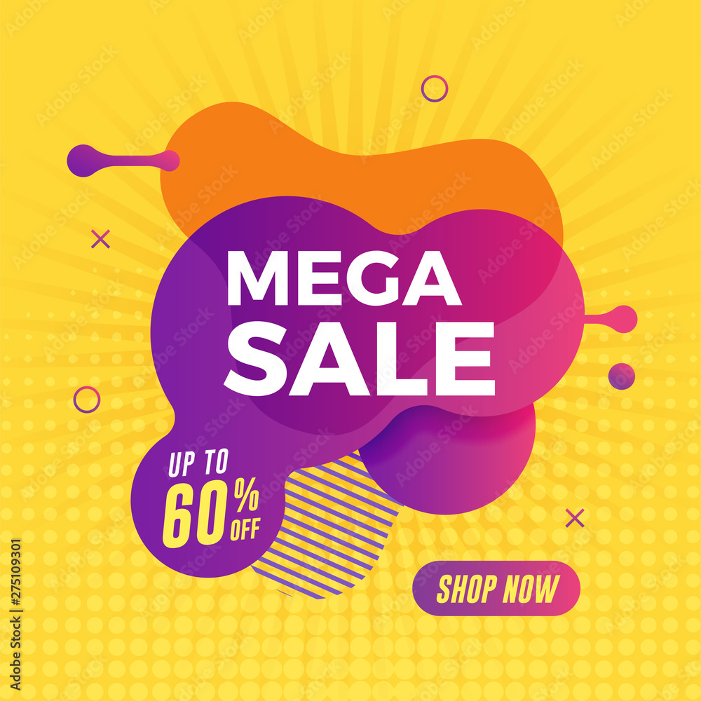 Mega sale banner on yellow background. Abstract liquid banner