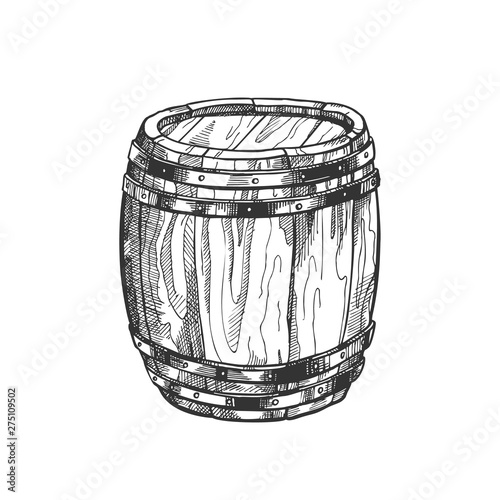 Standing Vintage Wooden Barrel Side View Vector. Hand Drawn Closed Barrel With Metal Rings For Production And Storage Alcohol Beverage. Design Closeup Container Object Monochrome Cartoon Illustration
