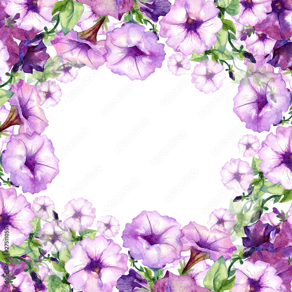 Watercolor background, frame with space for text of Petunia flowers.