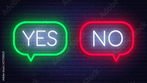 Neon sign yes and no on dark background. Light banner on the wall background.