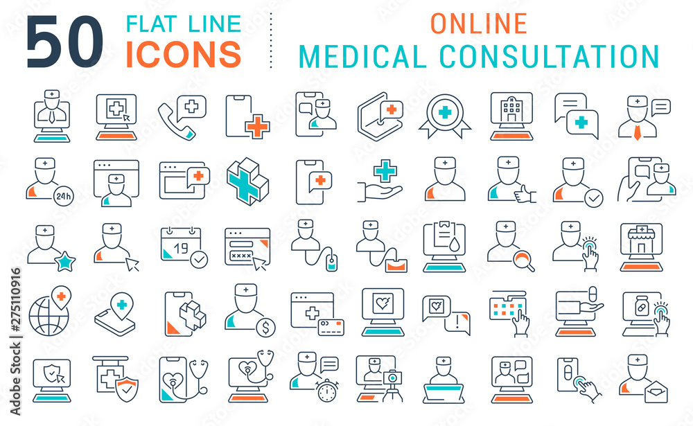 Set Vector Line Icons of Online Medical Consultation