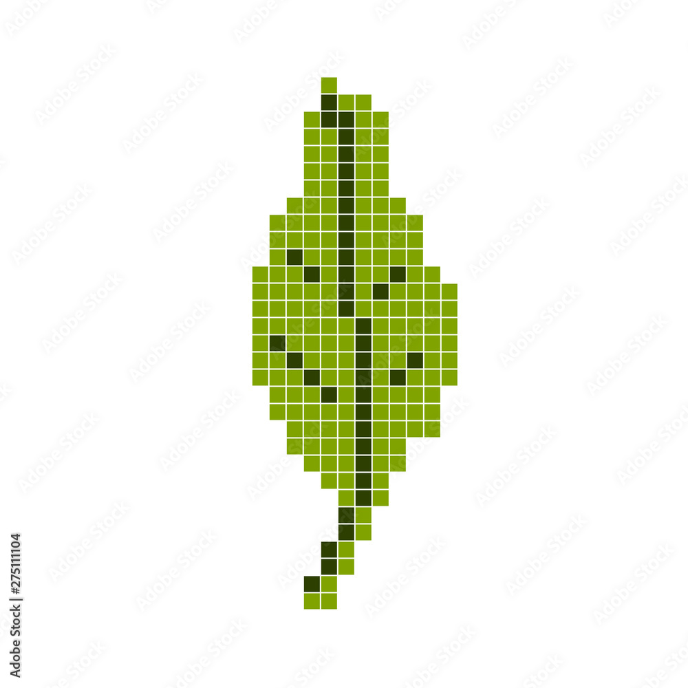 Fototapeta premium Green leaf on a white background. Pixel art, cartoon vector illustration. Retro style game