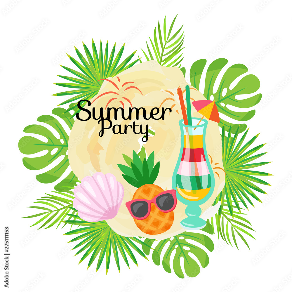 Summer party vector, summertime vacation, pineapple wearing sunglasses on face. Cocktail poured in glass decorated with umbrella, exotic foliage