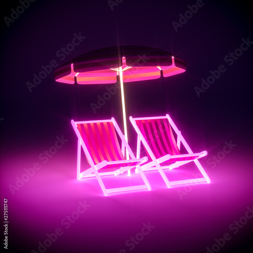 3d render, Luxury stripe neon chairs and umbrella on dark background. abstract background, glowing furniture, neon light, virtual reality, pink blue spectrum, vibrant colors, floor reflection