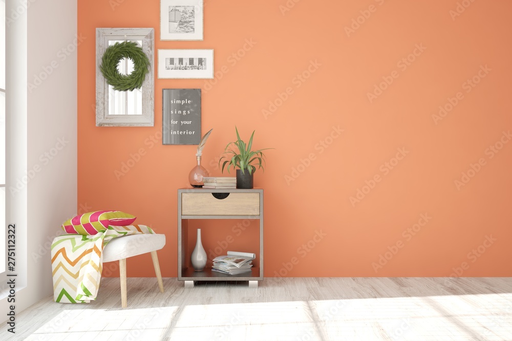 Obraz premium Stylish room in coral color with armchair. Scandinavian interior design. 3D illustration