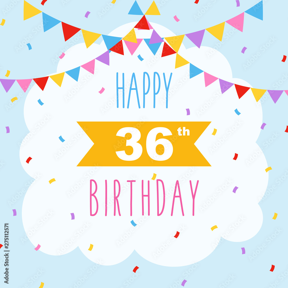 Happy 36th birthday, vector illustration greeting card with confetti and garlands decorations