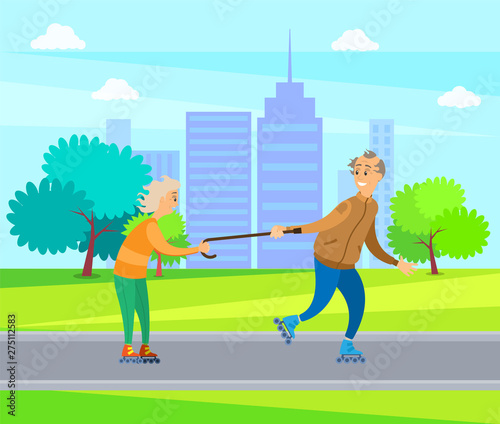 Rolling old man and woman vector, pensioners having fun in park, couple rolling and using wooden stick of granny, grandmother and grandfather in city