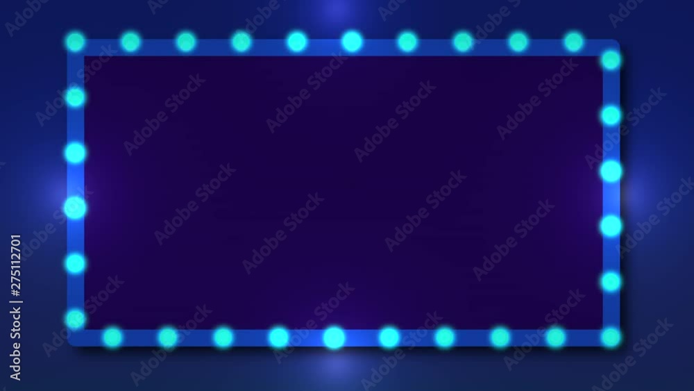 Neon Light bulbs frame on blue gradient background, retro style neon light board sign with space to insert your text. Loop animation background. Neon Light bulbs frame on blue gradient background, retro style neon light board sign with space to insert your text. Loop animation background.