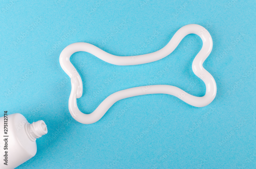 a bone from white toothpaste, animal teeth care concept, on blue background  Stock Photo | Adobe Stock