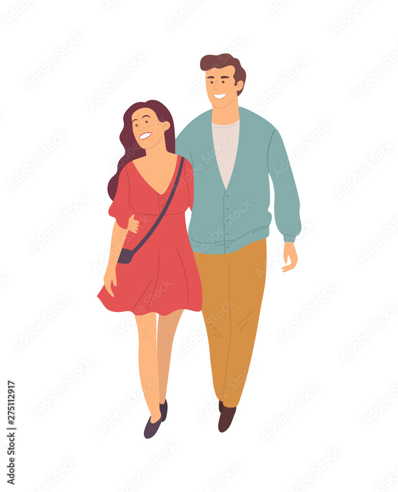 Fototapeta premium Young people walk in pairs isolated smiling cartoon characters. Vector pretty brunette woman in long dress and smiling handsome guy in blue jacket