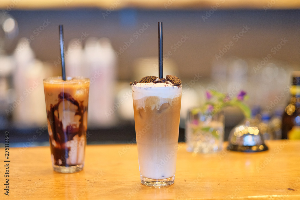 Frappe coffee on the bar desk Frappe coffee on the bar desk