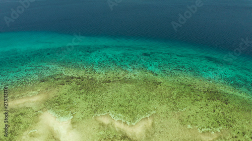 Blue background with transparent sea water copy space for text. Sea water surface in lagoon and coral reef. Top view transparent turquoise ocean water surface. background texture © Alex Traveler