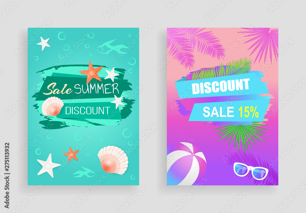 Sale summer discount, vector banner, curved ribbons. Sun glasses, starfish and seashell, underwater silhouettes, beach ball and palm leaves print