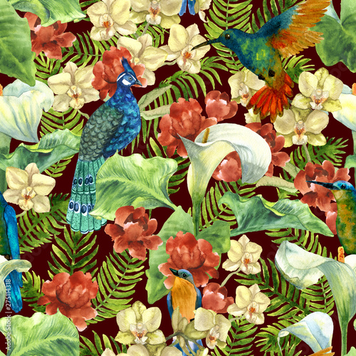 Tropical pattern with paradise birds, flowers and palms