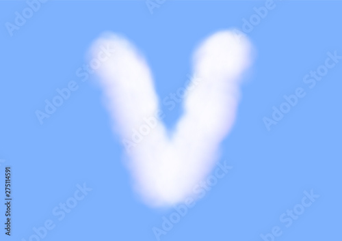 Consonant realistic white cloud vectors on blue sky background  Beautiful air cloud typeface  Typography of the capital letter V as fluffy white like cotton wool