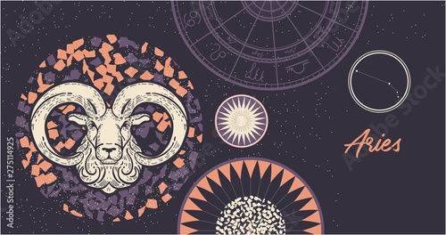 Zodiac sign Aries. The symbol of the astrological horoscope. Hand-drawn illustration. Horizontal banner. Template for postcard, brochure, page, booklet.