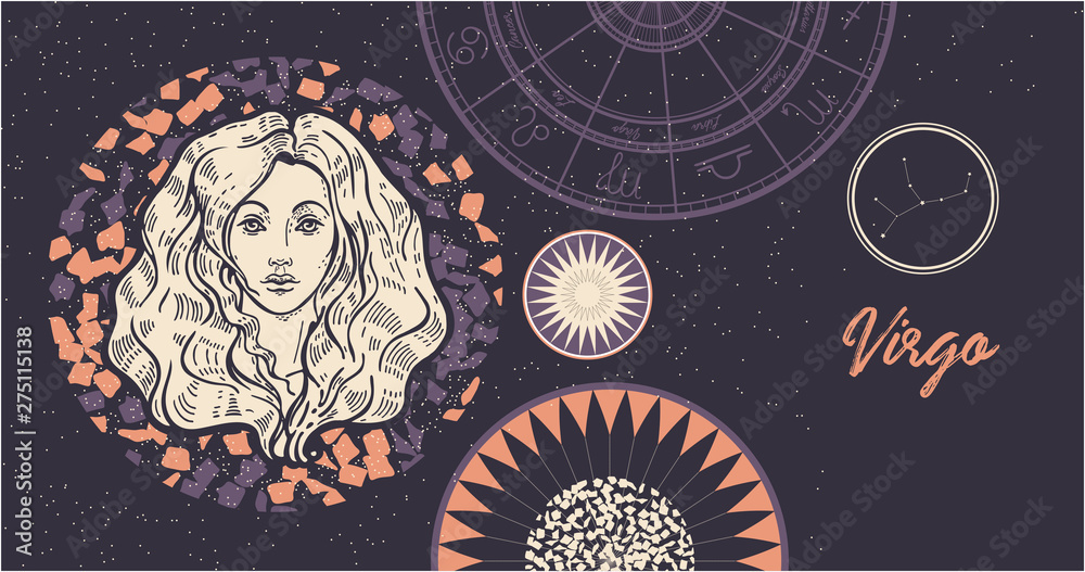 Zodiac sign Virgo. The symbol of the astrological horoscope. Hand-drawn illustration. Horizontal banner. Template for postcard, brochure, page, booklet. Zodiac sign Virgo. The symbol of the astrological horoscope. Hand-drawn illustration. Horizontal banner. Template for postcard, brochure, page, booklet.