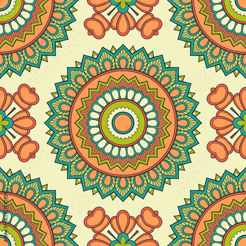 Decorative colorful ethnic seamless pattern for fabric or wrapping in oriental style. Hand drawn illustration