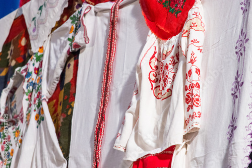 Detail of traditional folkloric costume of Romanian dancers. Folklore of Romania