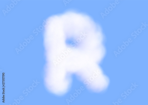 Consonant realistic white cloud vectors on blue sky background, Beautiful air cloud typeface, Typography of the capital letter R as fluffy white like cotton wool