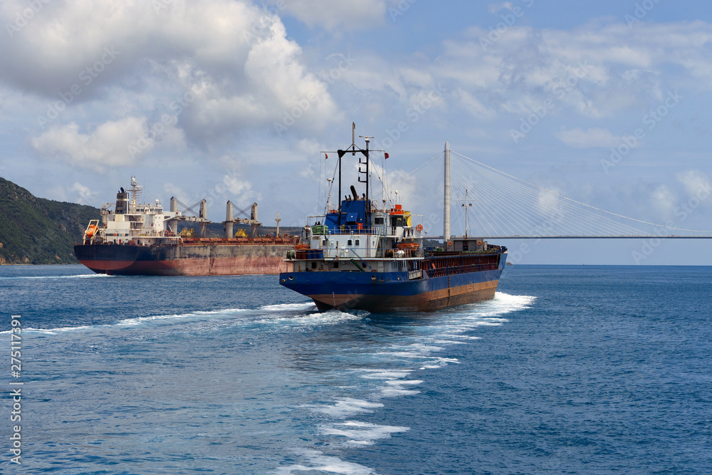 Two ships pass under the third bosphorus bridge