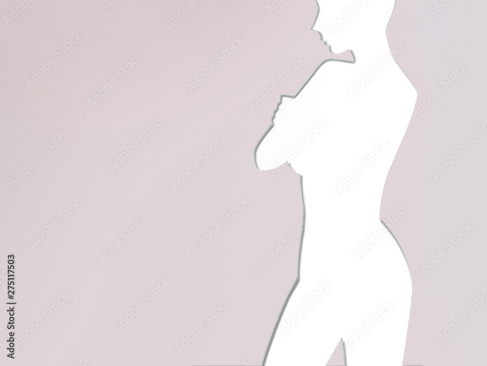 Refined silhouette of a girl with arms crossed is carved from the background.