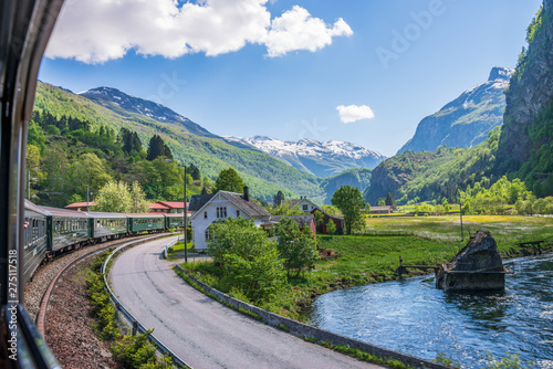Fotografie, Obraz Flamsbana , famous mountain train line from Flam to Myrdal with beautiful landscape scenery along the way