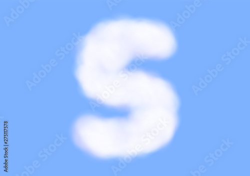 Consonant realistic white cloud vectors on blue sky background, Beautiful air cloud typeface, Typography of the capital letter S as fluffy white like cotton wool