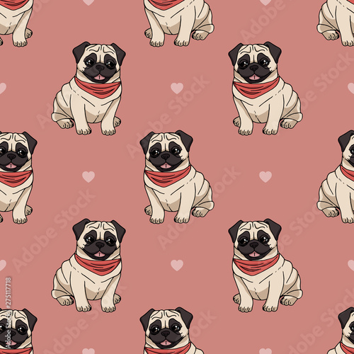 Seamless pattern with cute sitting pugs wearing red scarf on pink background with hearts. Vector dog illustration. Endless texture with cartoon dogs for your design