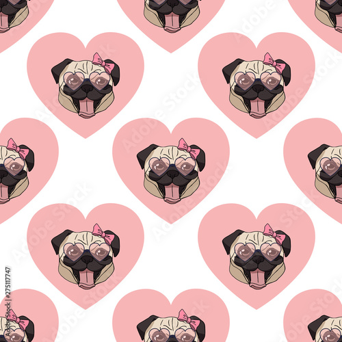 Seamless pattern with a cartoon pug head wearing pink heart glasses and a pink bow against a pink heart on white background. Vector dog illustration. Endless texture with funny dog for your design