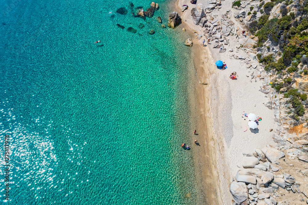 Obraz premium Top view of Fava Beach at Chalkidiki, Greece. Aerial Photography.