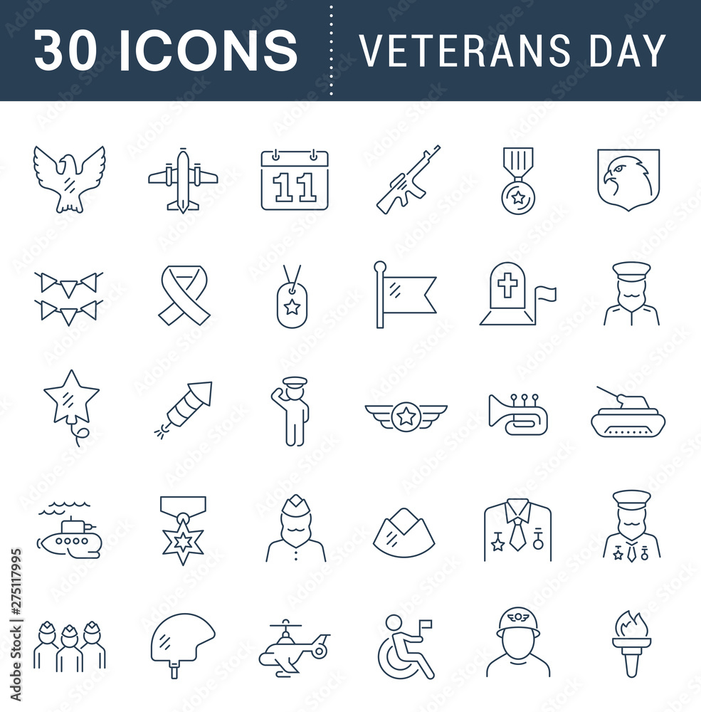 Set Vector Line Icons of Veterans Day