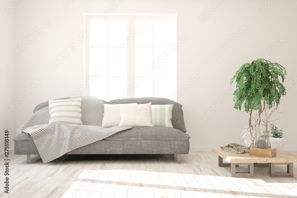 Fototapeta premium Stylish room in white color with sofa. Scandinavian interior design. 3D illustration