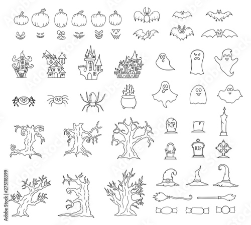 Halloween collection of line icons including pumpkins  ghosts  cemetery and graves  bats  spiders  scary forest trees  Gothic castles houses. October clipart.