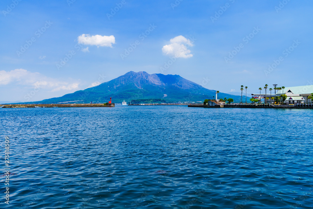 landscape of Sakurajima island and Kagoshima port in Kagoshima Japan 