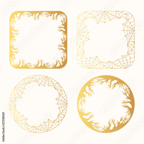Halloween golden spiderweb and scary gold forest branch frames for party invitation. Vector isolated spooky decoration background for october night.