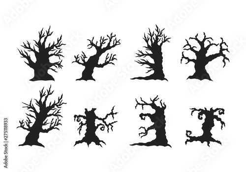 Set of Halloween tree silhouettes. Scary graveyard forest. Evil haunted oak wood. October night party decoration.