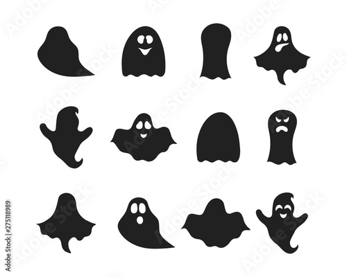 Set of Halloween ghost silhouettes. Scary haunted house phantoms. Cute cartoon boos. October night party decoration.