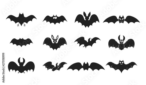 Halloween collection of cute bat silhouettes icons. October party scary clipart.