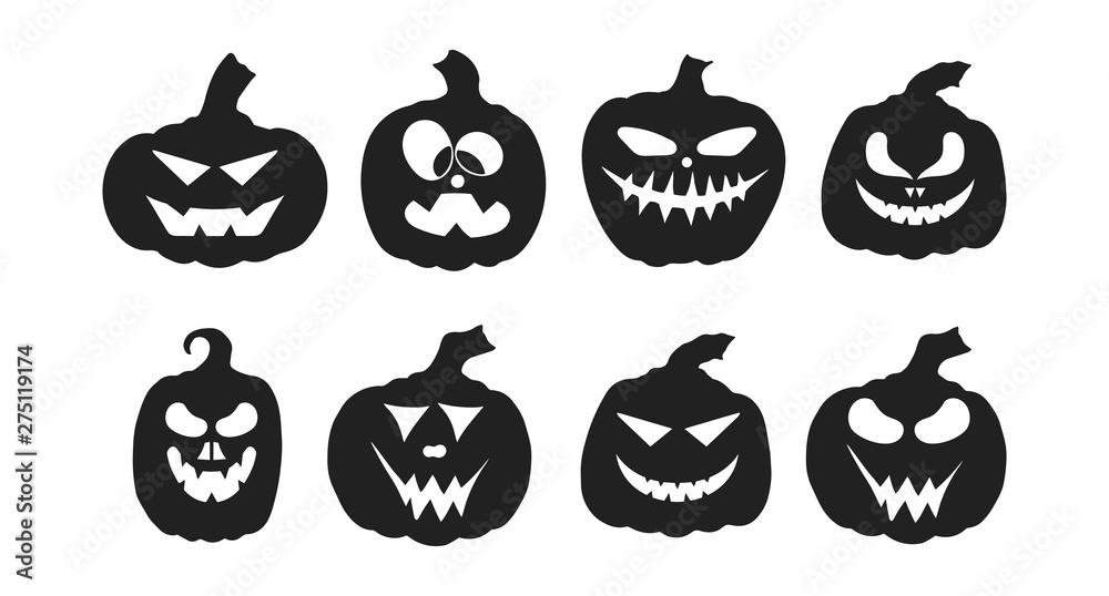 Halloween jack o lantern pumpkin silhouettes with spooky smiling faces.  October party scary cartoon clipart collection. Stock Vector | Adobe Stock