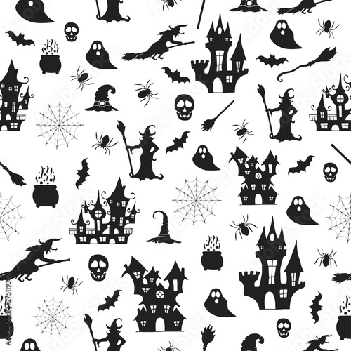 Halloween pattern with witches, spooky haunted haouses, ghosts, bats and spiders. October party kids background. 