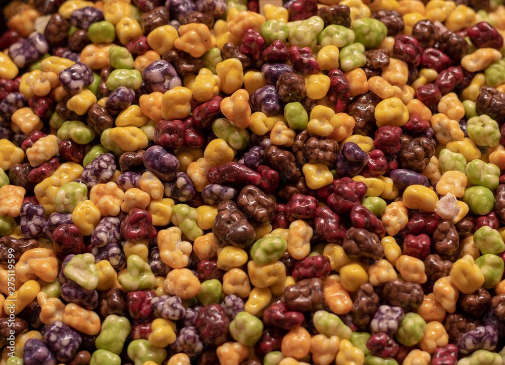 Colored chocolate grains. It was taken in front of the store. Colored chocolate grains. It was taken in front of the store.