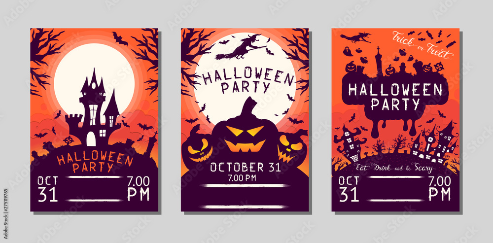 Halloween flyer with pumpkins, cemetery, haunted house, bats and witch under the moon for october 31 night. Vector isolated horror posters. Party invitation leaflet.