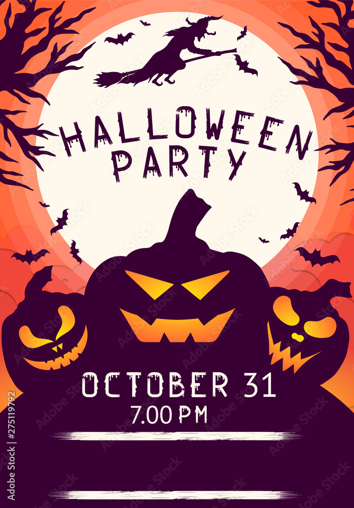 Halloween flyer with pumpkins, bats and witch under the moon for october 31 night. Vector isolated horror poster. Party invitation leaflet.