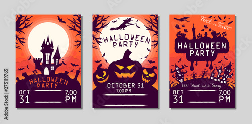 Halloween flyer with pumpkins, cemetery, haunted house, bats and witch under the moon for october 31 night. Vector isolated horror posters. Party invitation leaflet.