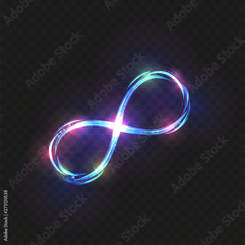 Vector multicolored blue and pink transparent magic glowing light infinity sign swirl trail on black background. Angled neon glitter fire spark spiral wavy line