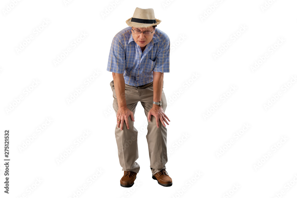 Asian old man, having knee injury on both sides, on white isolated background, to elder and health concept. Asian old man, having knee injury on both sides, on white isolated background, to elder and health concept.