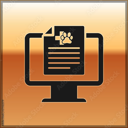 Black Medical clinical record pet on monitor icon isolated on gold background. Health insurance form. Prescription, medical check marks report. Vector Illustration