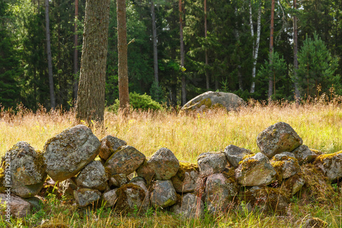 Stone wall on grass meadow in an old rural landscape